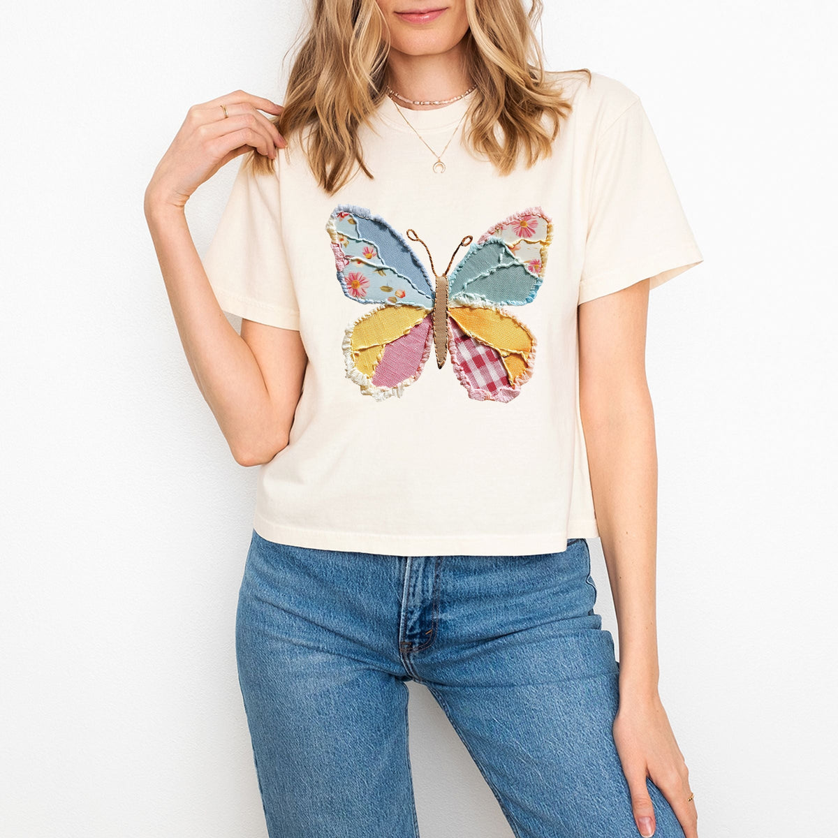 Butterfly Faux Patchwork - Women's Boxy Crop Top Graphic T-Shirt