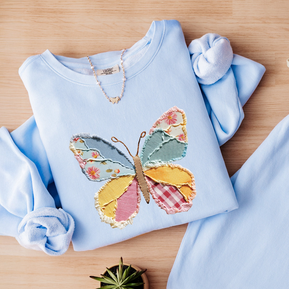 Butterfly Faux Patchwork - Women's Lightweight Garment Dyed Sweatshirt