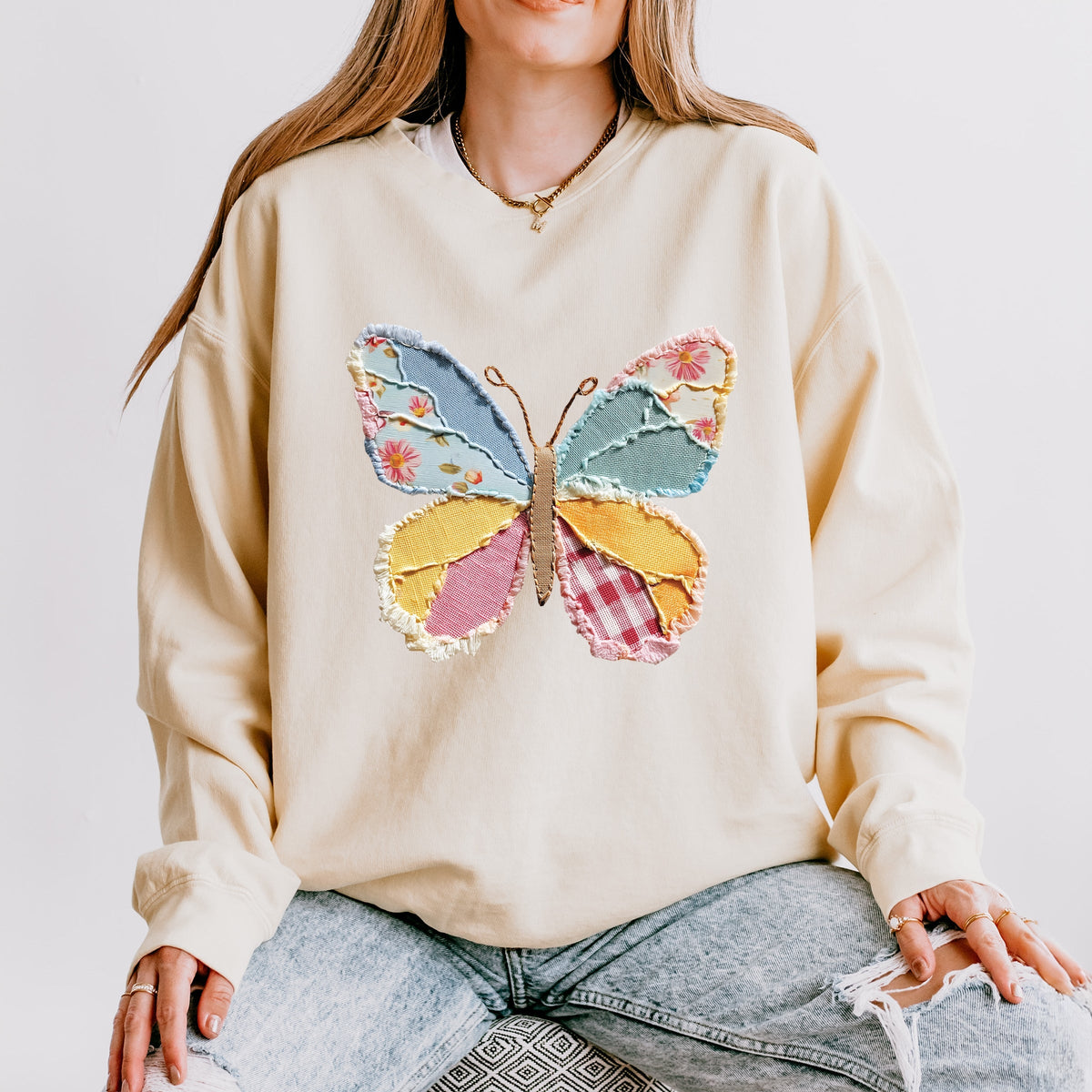 Butterfly Faux Patchwork - Women's Lightweight Garment Dyed Sweatshirt