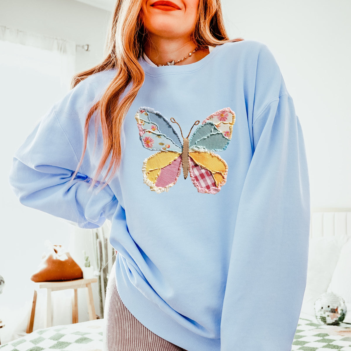 Butterfly Faux Patchwork - Women's Lightweight Garment Dyed Sweatshirt