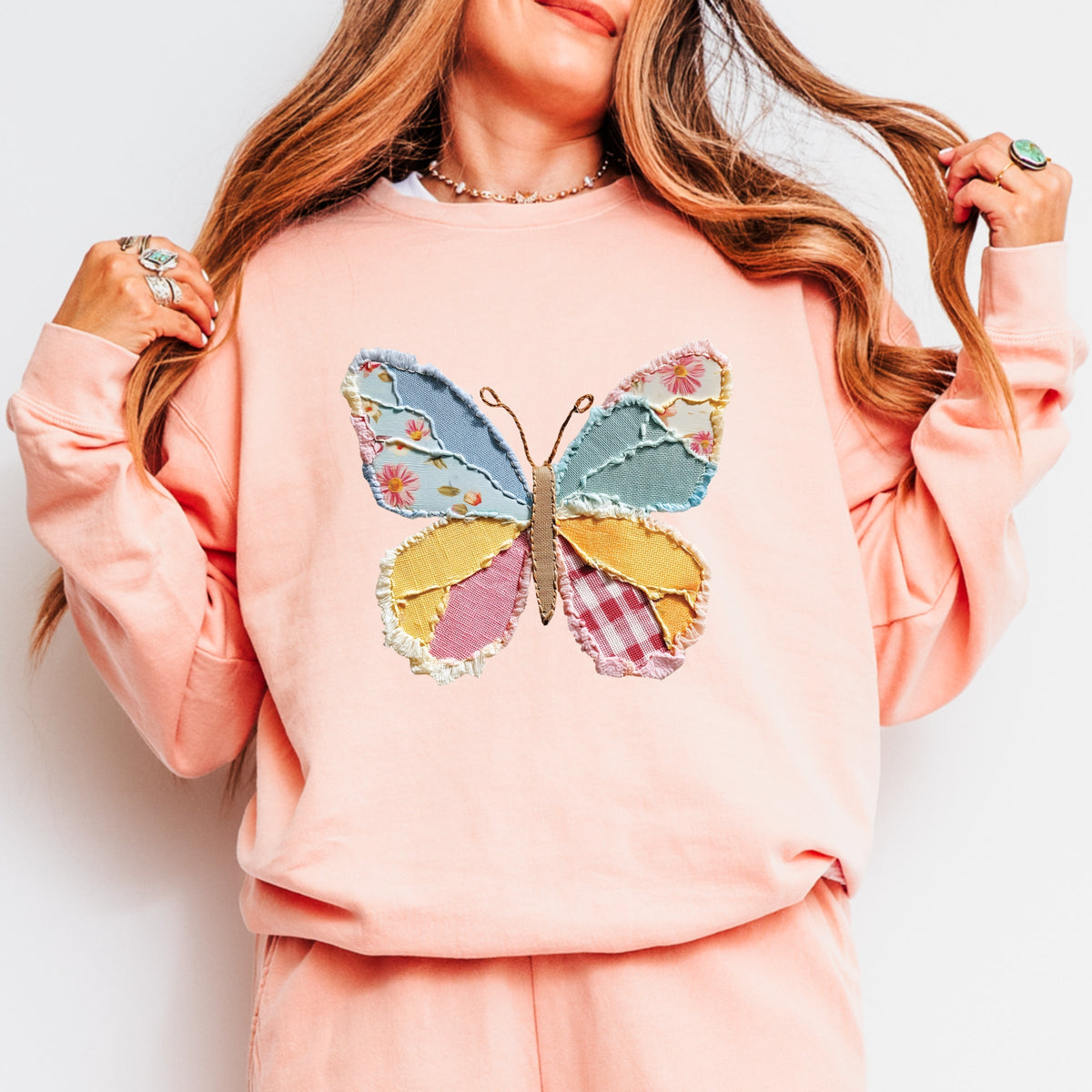 Butterfly Faux Patchwork - Women's Lightweight Garment Dyed Sweatshirt