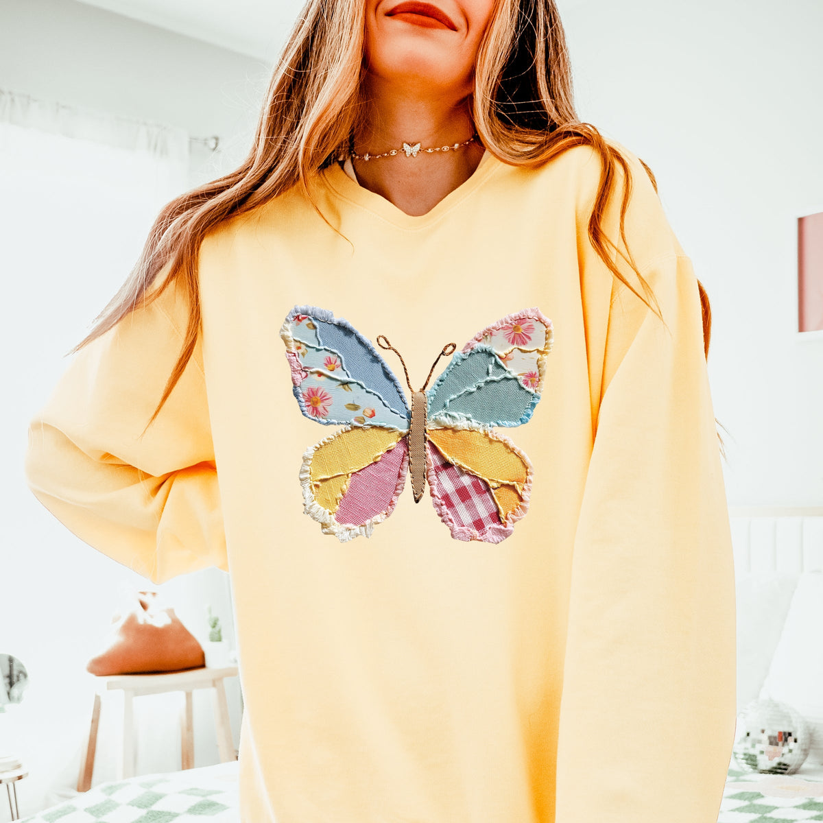 Butterfly Faux Patchwork - Women's Lightweight Garment Dyed Sweatshirt