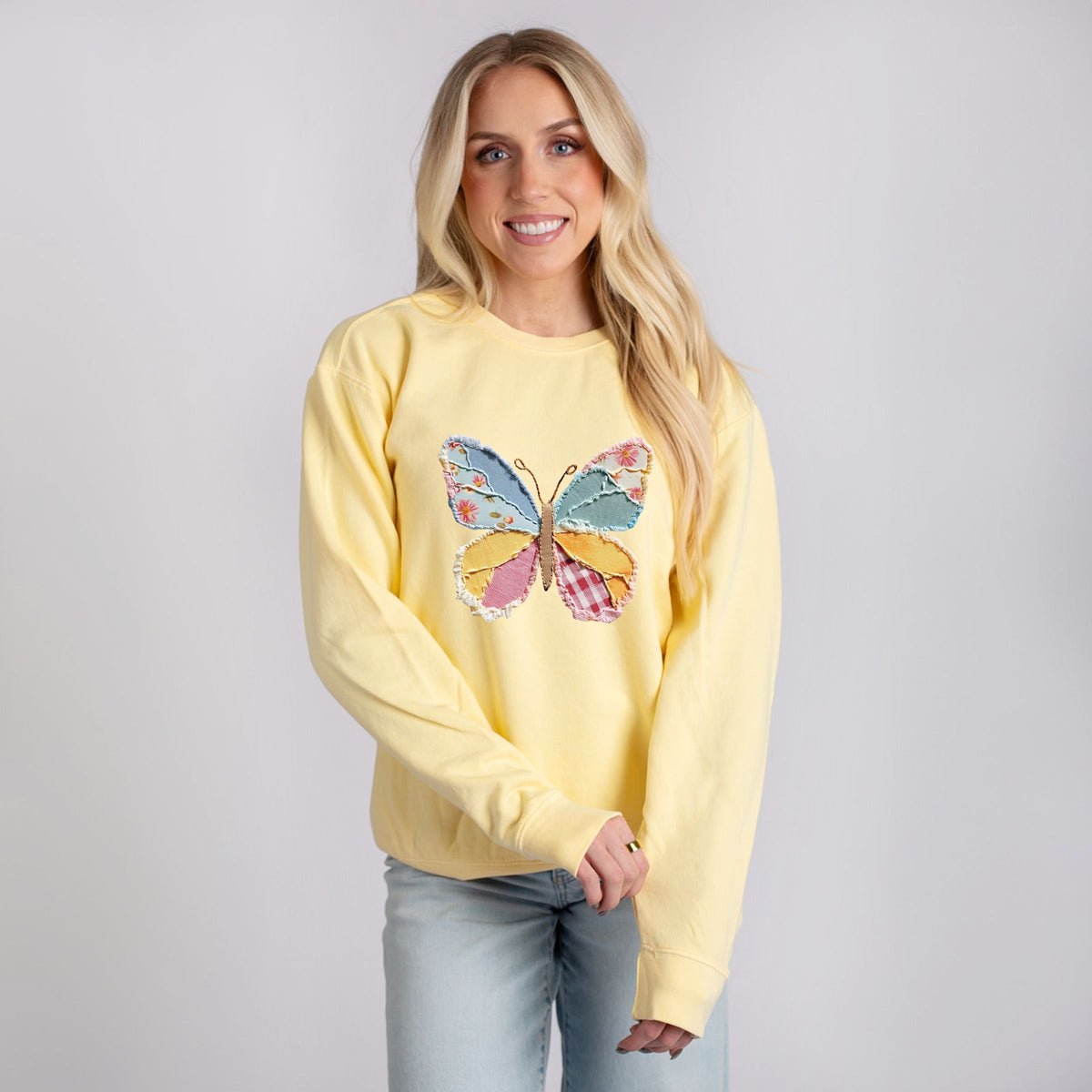 Butterfly Faux Patchwork - Women's Lightweight Garment Dyed Sweatshirt