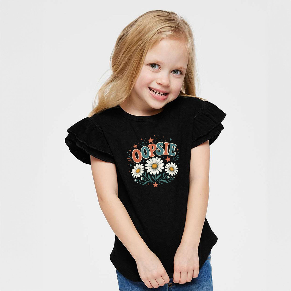 Oopsie Daisy Stars - Girl's Flutter Sleeve Graphic T-Shirt