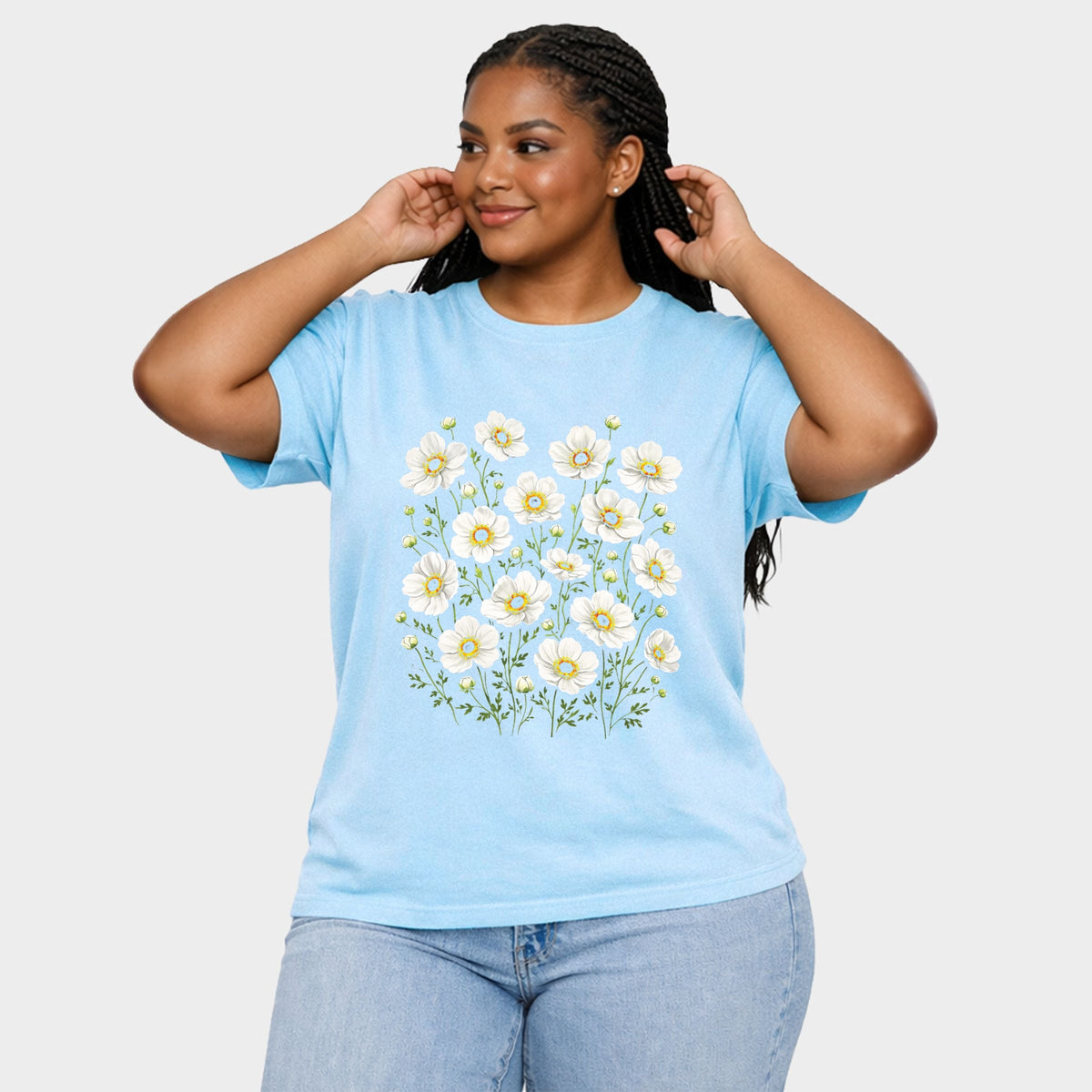 Watercolor Daisies - Women's Plus Sized Garment Dyed Graphic T-Shirt