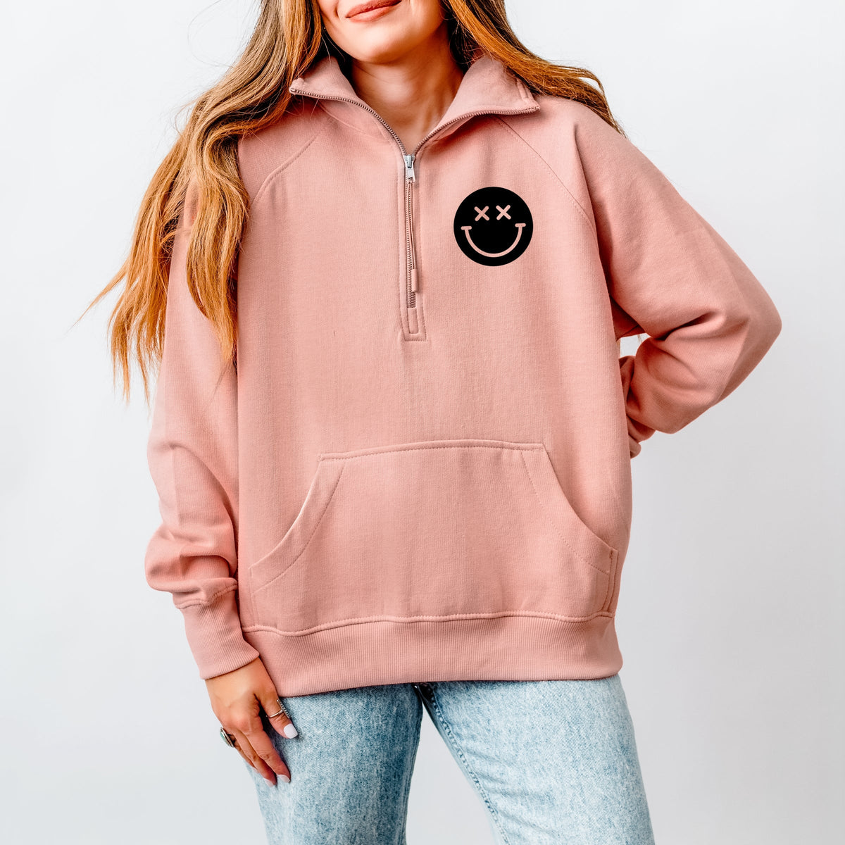 S.W.Smiley I'm A Cool Mom Smiley Face Front And Back - Women's Quarter Zip Fleece Graphic Sweatshirt