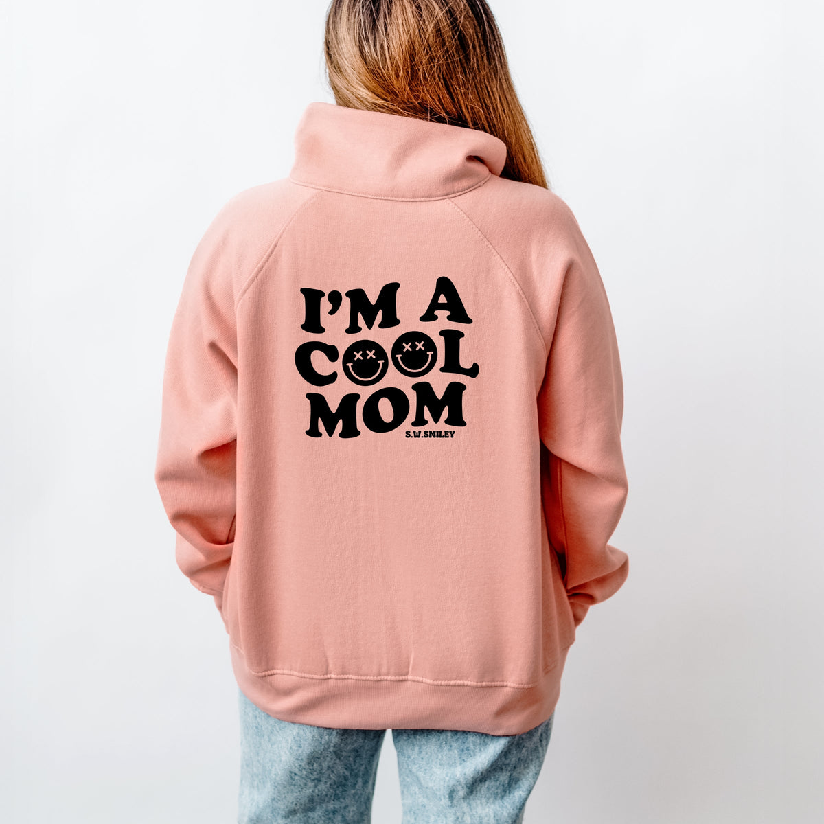 S.W.Smiley I'm A Cool Mom Smiley Face Front And Back - Women's Quarter Zip Fleece Graphic Sweatshirt