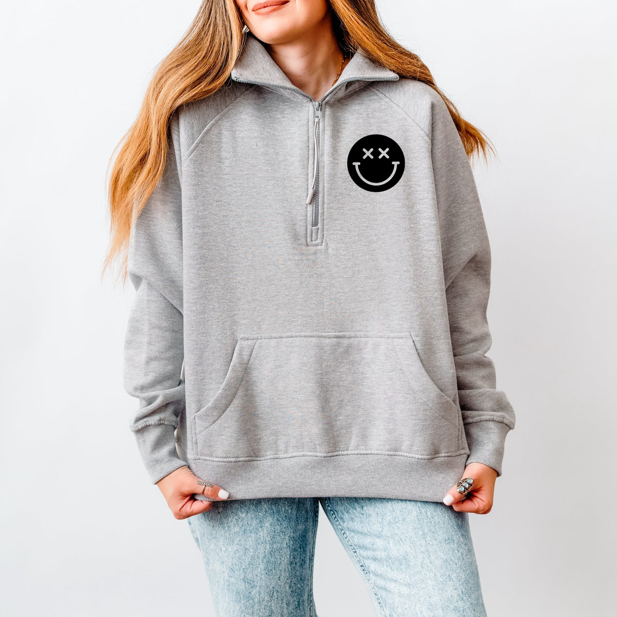 S.W.Smiley I'm A Cool Mom Smiley Face Front And Back - Women's Quarter Zip Fleece Graphic Sweatshirt