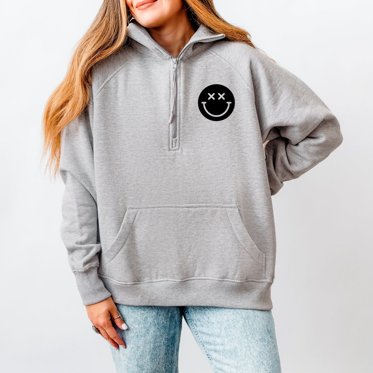 S.W.Smiley I'm A Cool Mom Smiley Face Front And Back - Women's Quarter Zip Fleece Graphic Sweatshirt