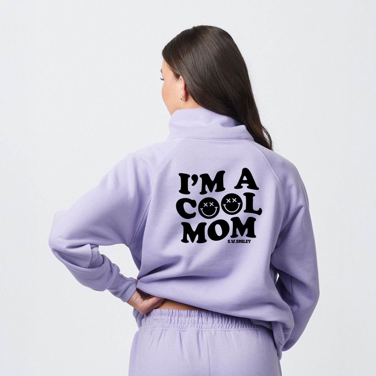 S.W.Smiley I'm A Cool Mom Smiley Face Front And Back - Women's Quarter Zip Fleece Graphic Sweatshirt