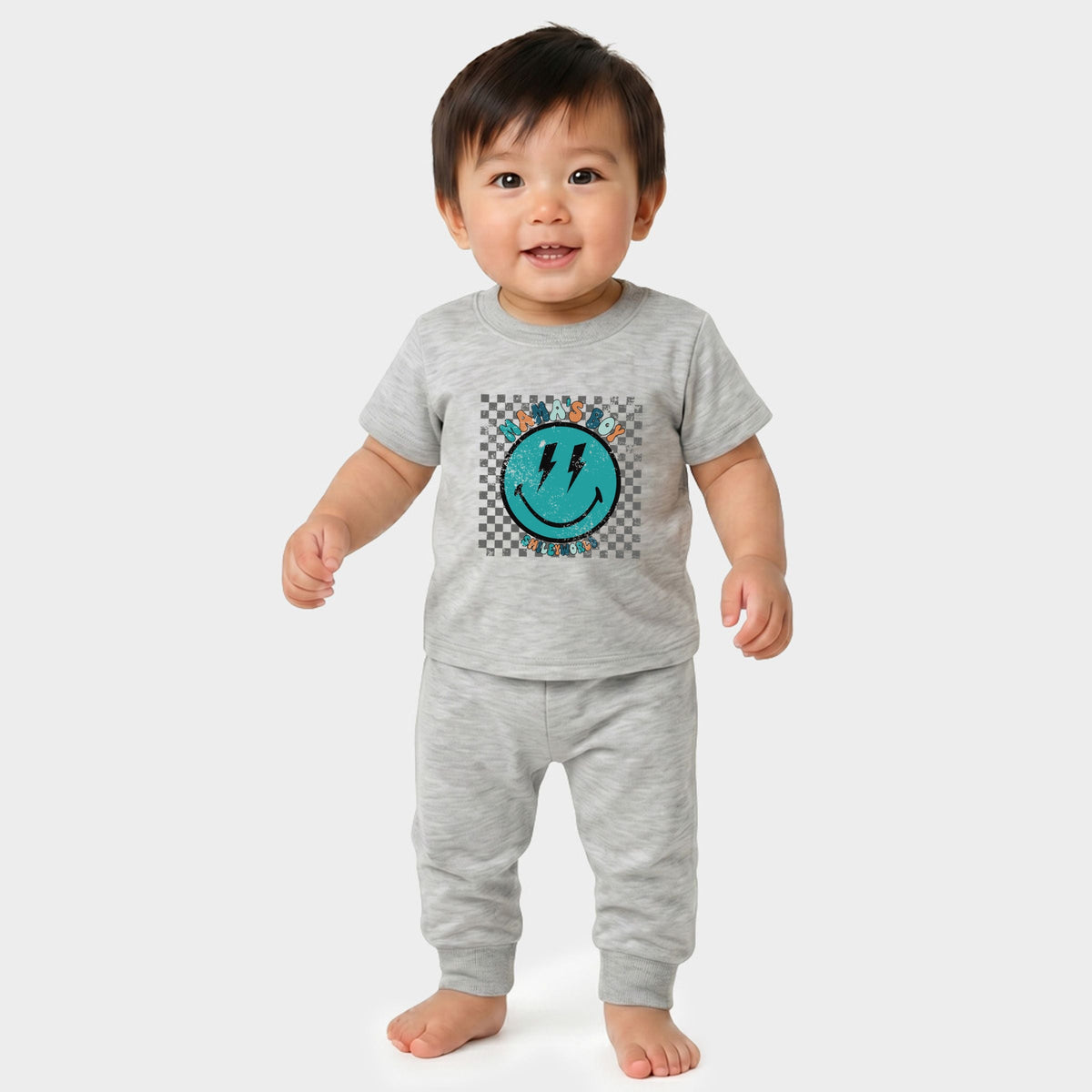 SmileyWorld Mama's Boy Checkered Smiley Face - Infant Jogger Pant Crew Set