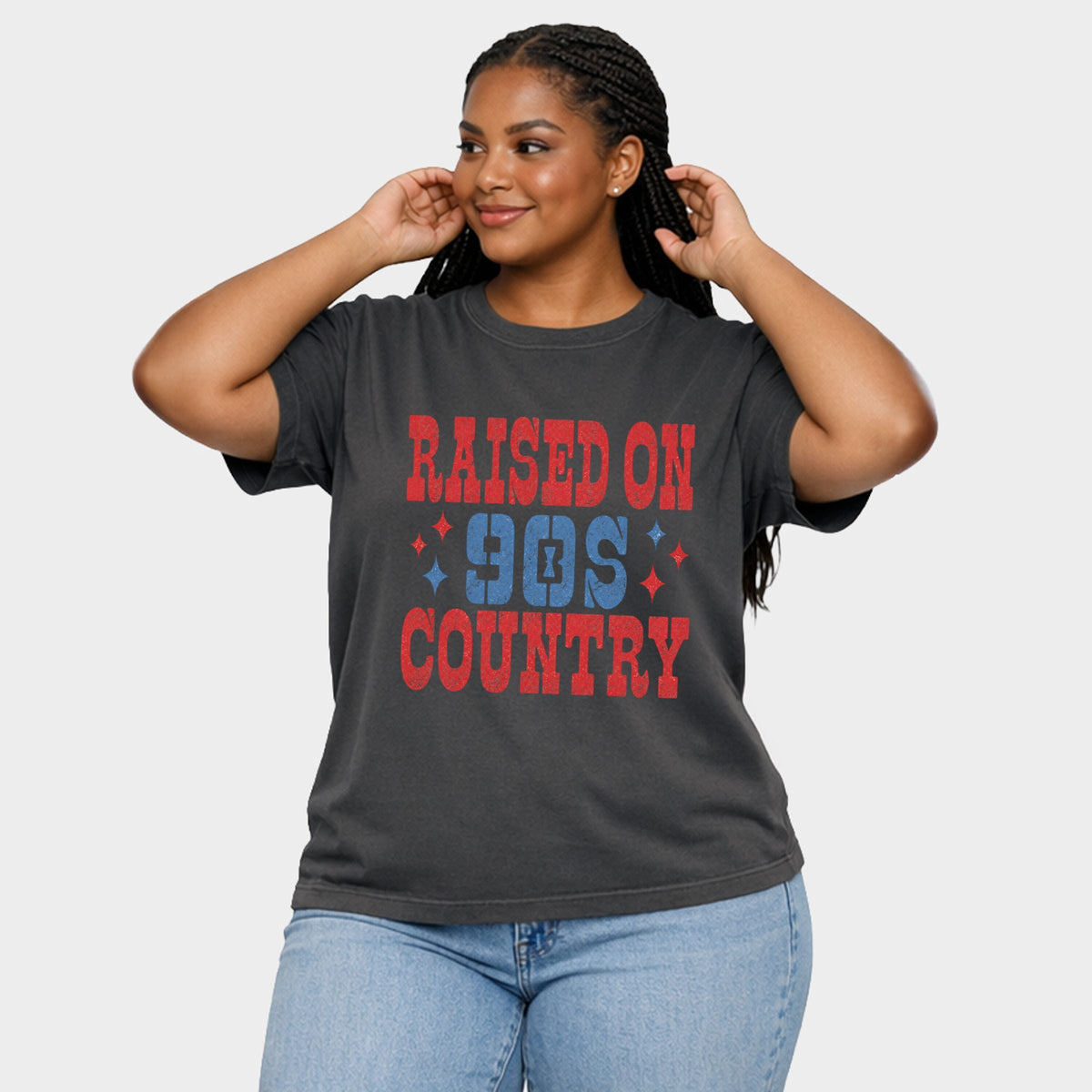 Raised On 90s Country Stars - Women's Plus Sized Garment Dyed Graphic T-Shirt