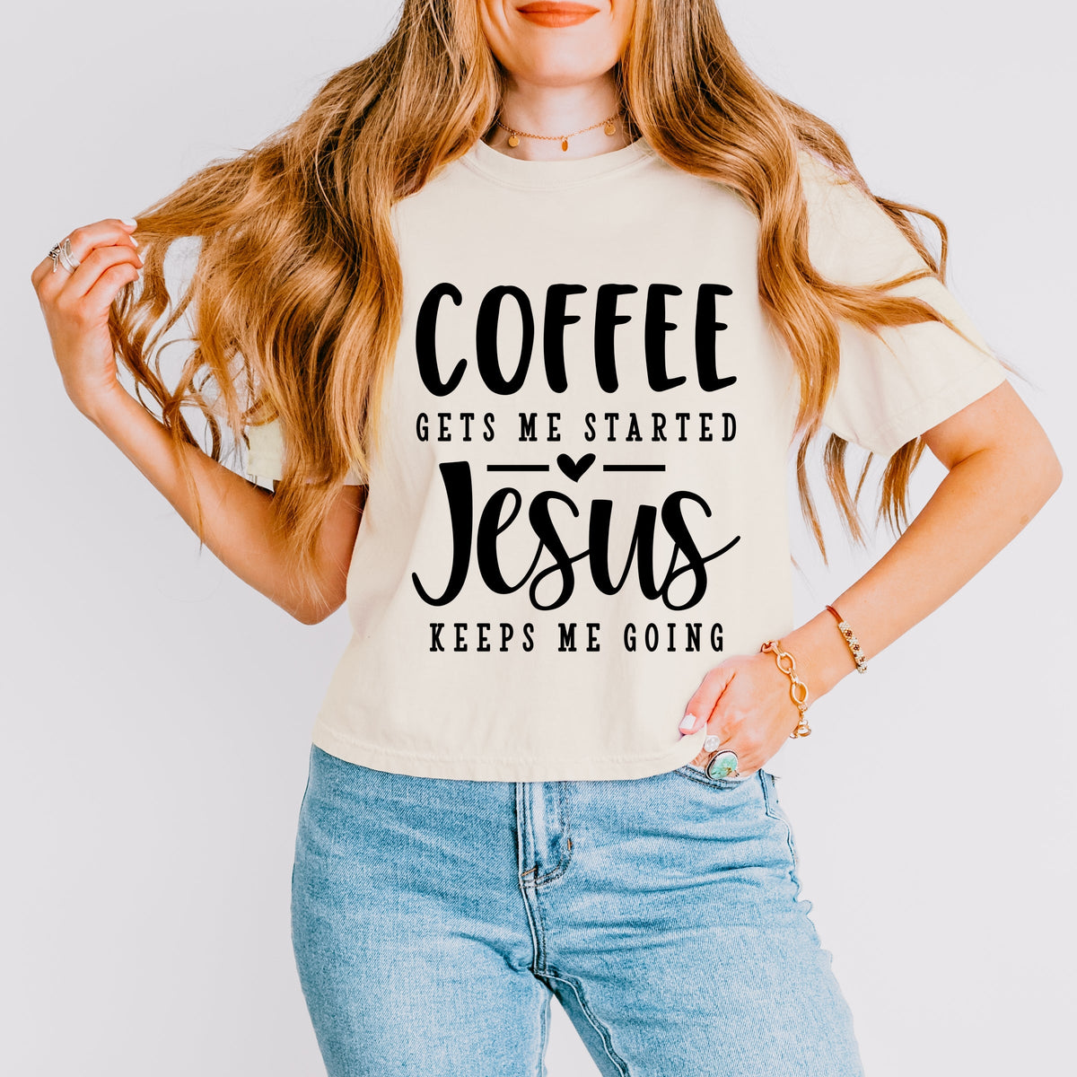 Coffee Gets Me Started - Women's Boxy Crop Top Graphic T-Shirt
