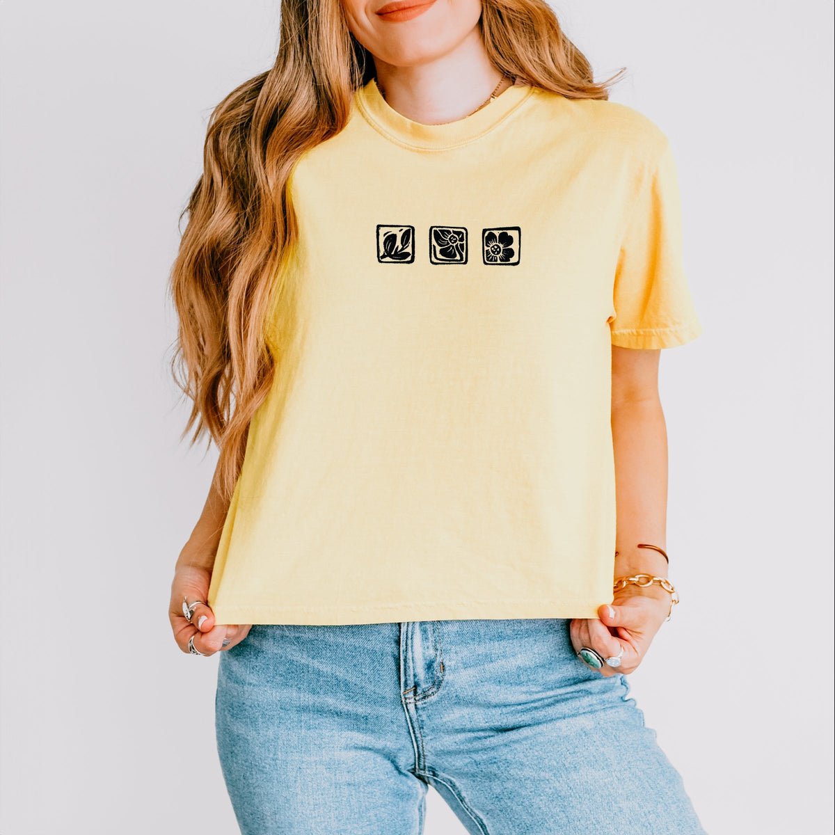 Three Flower Stamp - Women's Boxy Crop Top Graphic T-Shirt