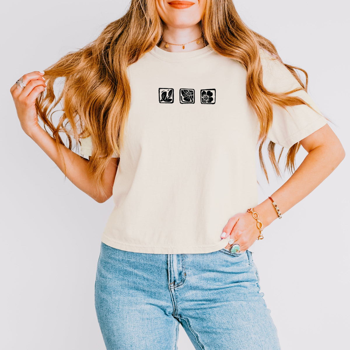 Three Flower Stamp - Women's Boxy Crop Top Graphic T-Shirt