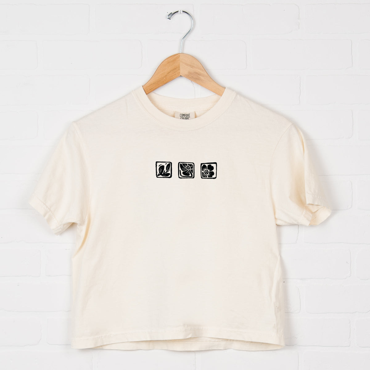 Three Flower Stamp - Women's Boxy Crop Top Graphic T-Shirt