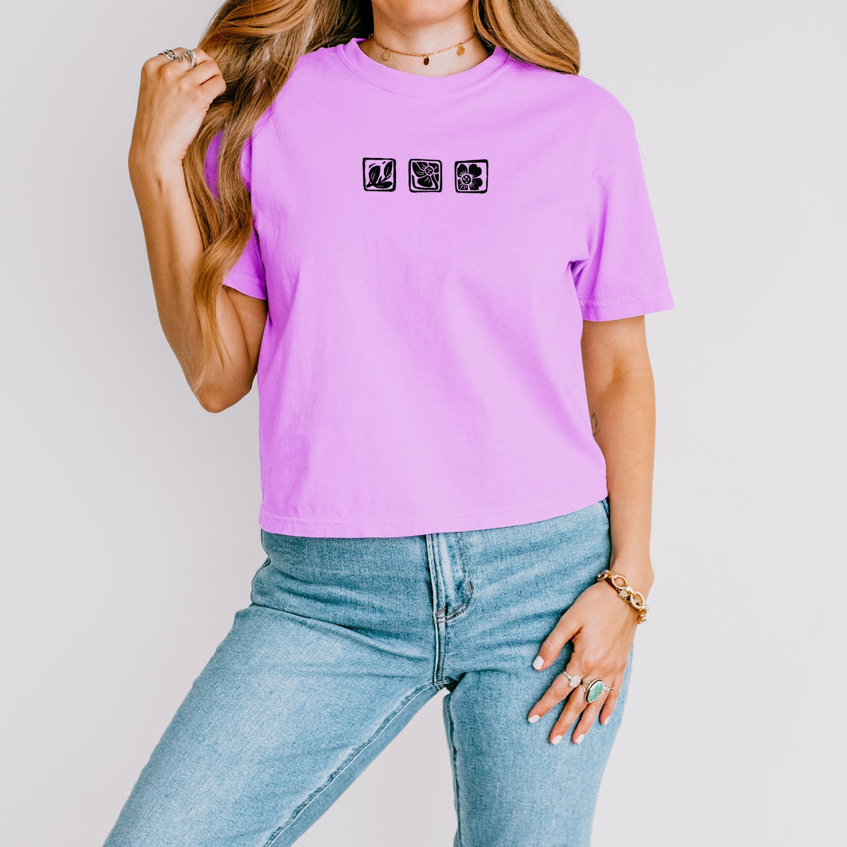 Three Flower Stamp - Women's Boxy Crop Top Graphic T-Shirt