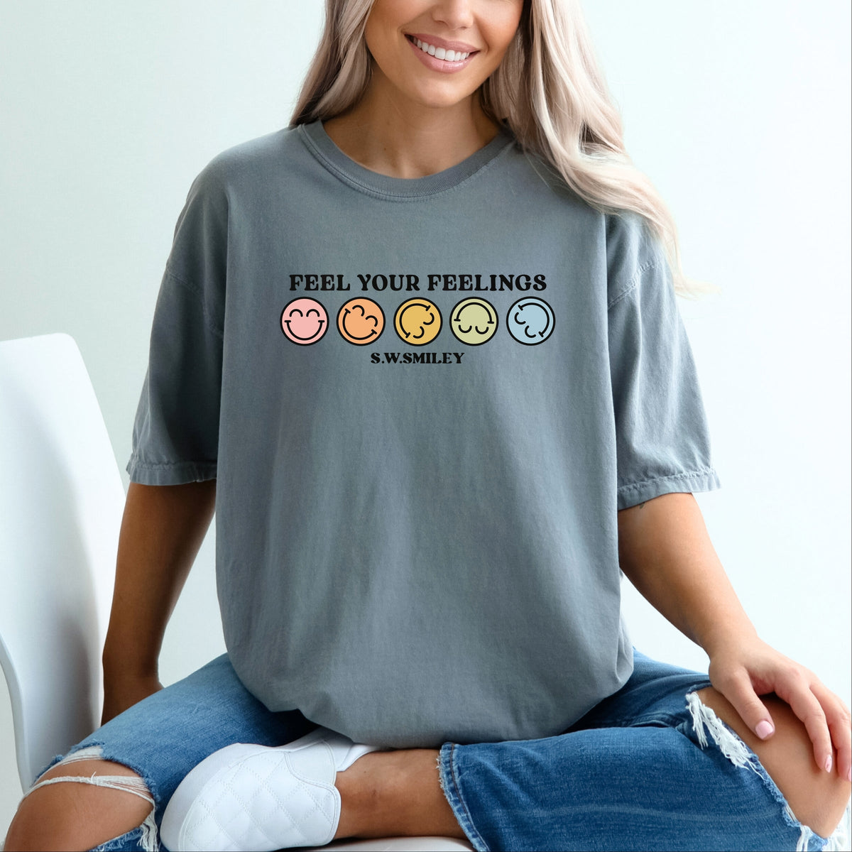 S.W.Smiley Feel Your Feelings Rainbow Smileys - Women's Garment Dyed Graphic T-Shirt