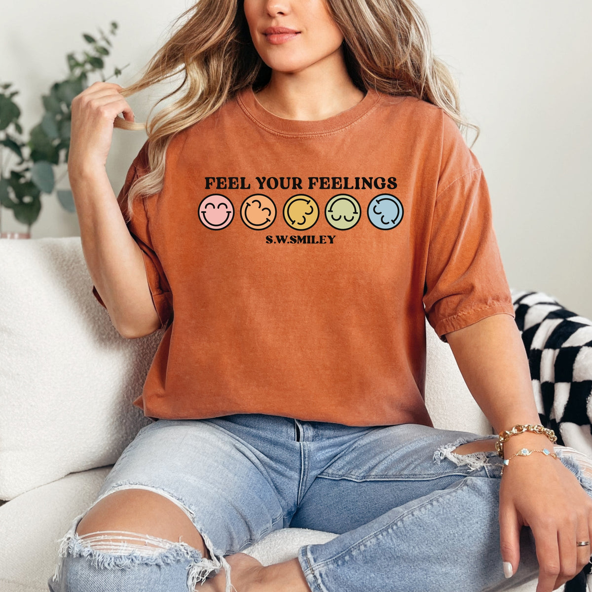 S.W.Smiley Feel Your Feelings Rainbow Smileys - Women's Garment Dyed Graphic T-Shirt