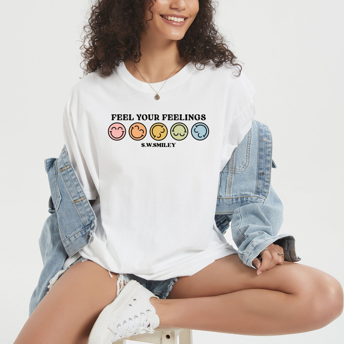 S.W.Smiley Feel Your Feelings Rainbow Smileys - Women's Garment Dyed Graphic T-Shirt