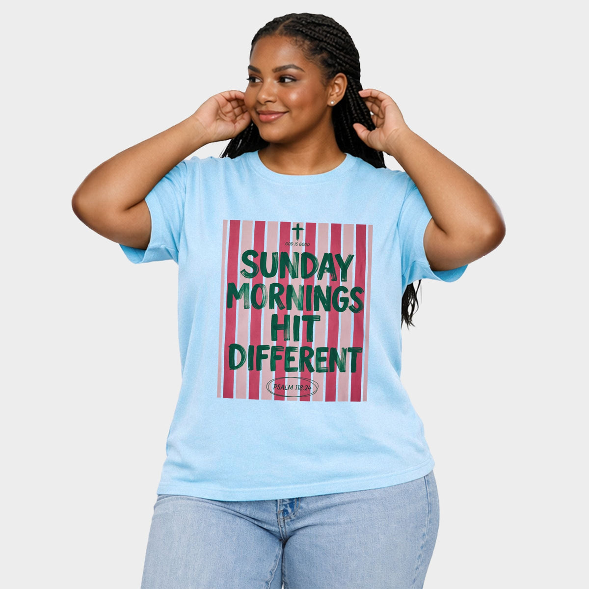 Sunday Mornings Hit Different Stripes - Women's Plus Sized Garment Dyed Graphic T-Shirt