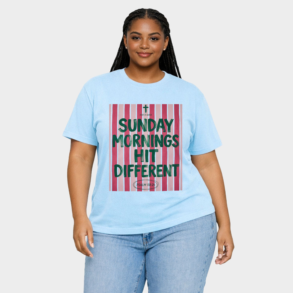 Sunday Mornings Hit Different Stripes - Women's Plus Sized Garment Dyed Graphic T-Shirt