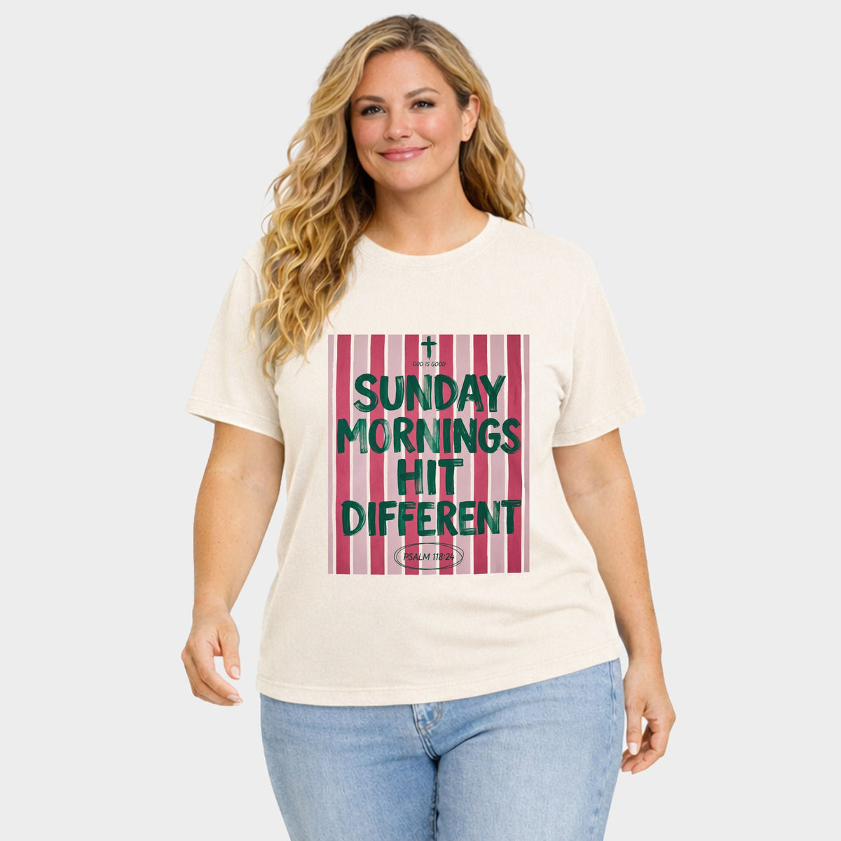 Sunday Mornings Hit Different Stripes - Women's Plus Sized Garment Dyed Graphic T-Shirt