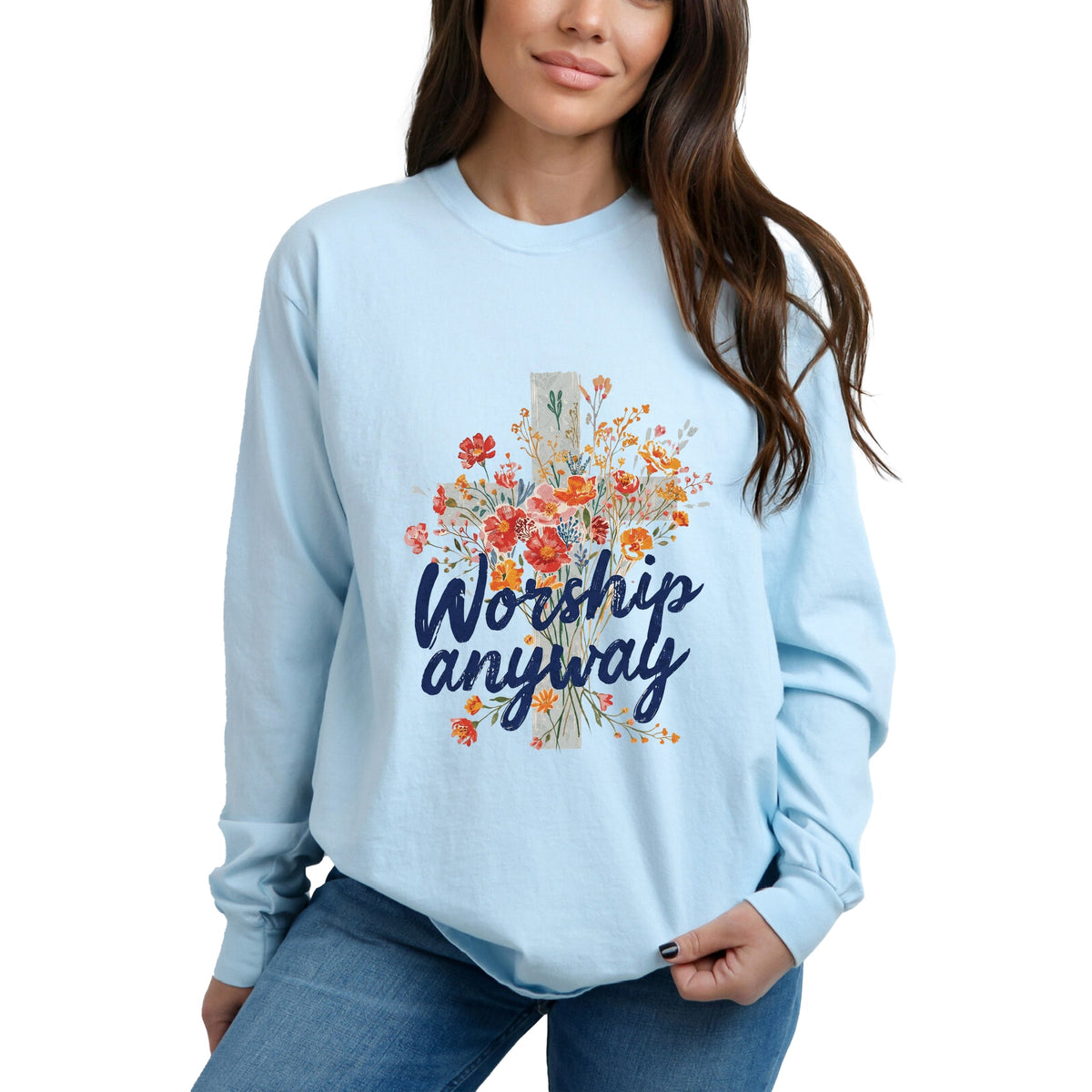Worship Anyway Cross - Women's Garment Dyed Long Sleeve Graphic T-Shirt