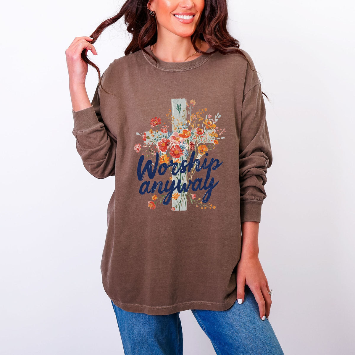 Worship Anyway Cross - Women's Garment Dyed Long Sleeve Graphic T-Shirt