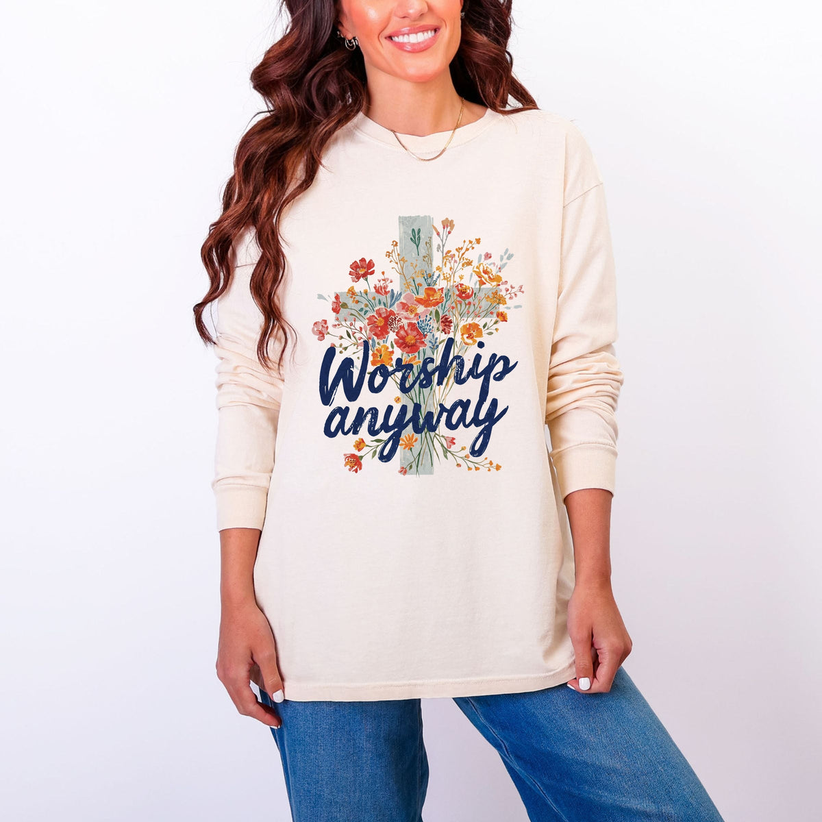 Worship Anyway Cross - Women's Garment Dyed Long Sleeve Graphic T-Shirt