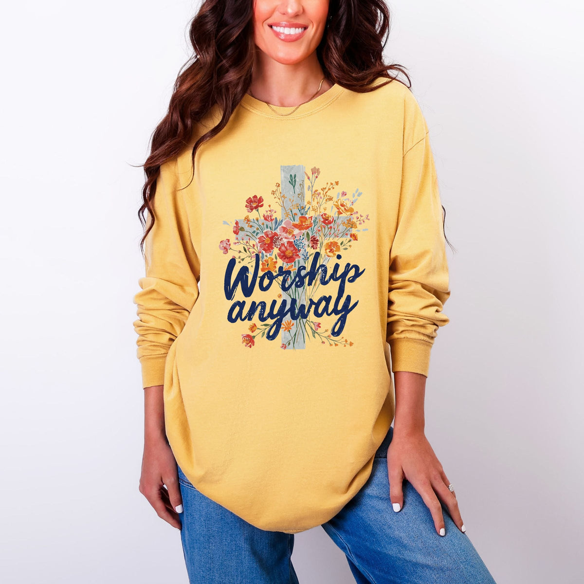 Worship Anyway Cross - Women's Garment Dyed Long Sleeve Graphic T-Shirt