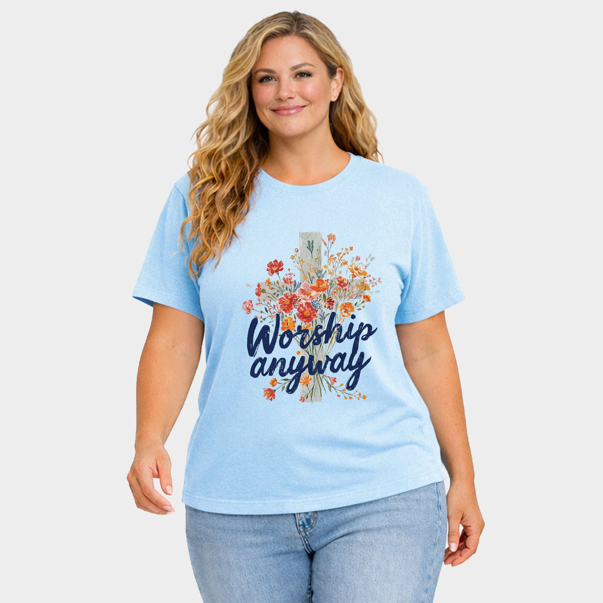 Worship Anyway Cross - Women's Plus Sized Garment Dyed Graphic T-Shirt