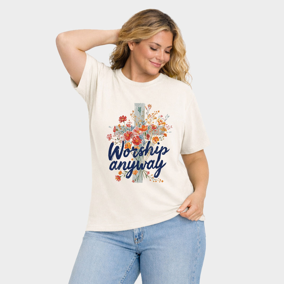 Worship Anyway Cross - Women's Plus Sized Garment Dyed Graphic T-Shirt