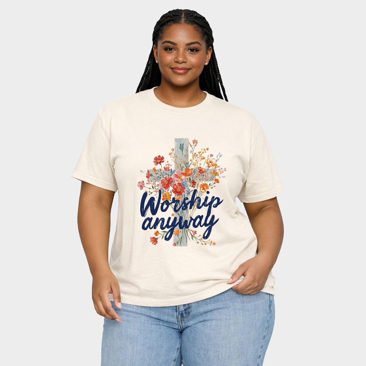 Worship Anyway Cross - Women's Plus Sized Garment Dyed Graphic T-Shirt