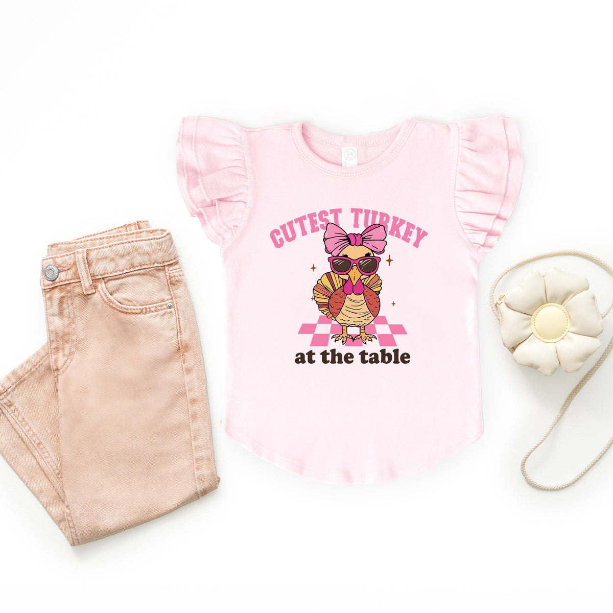 Cutest Turkey At The Table - Flutter Sleeve Graphic T-Shirt