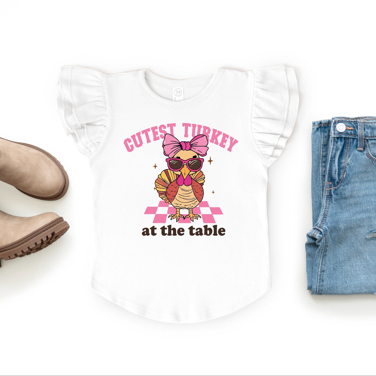 Cutest Turkey At The Table - Flutter Sleeve Graphic T-Shirt