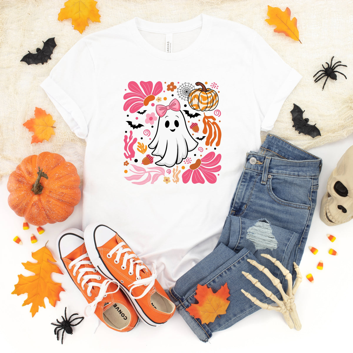 Pink Boho Halloween Ghost - Youth Short Sleeve Graphic T-Shirt