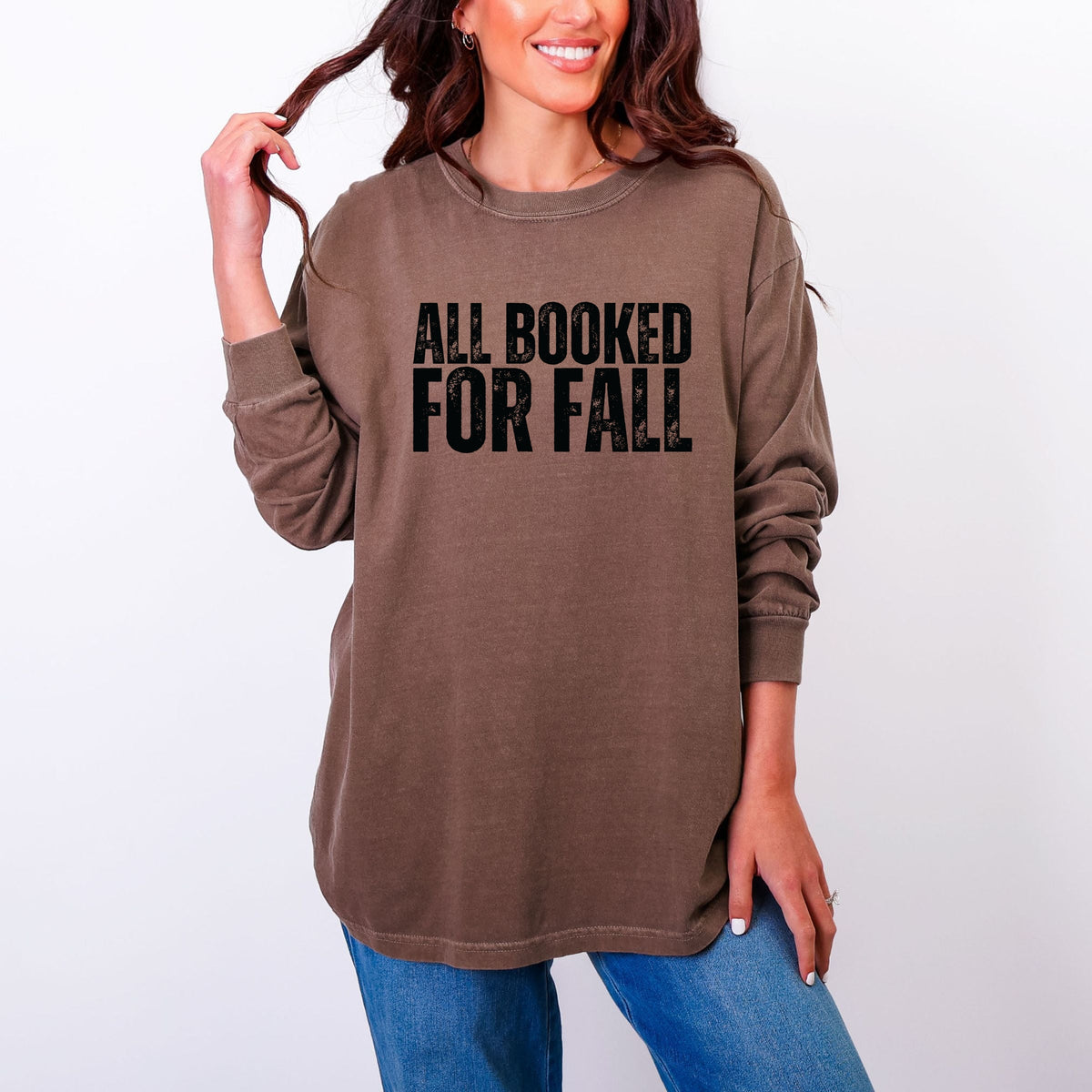All Booked For Fall Bold Distressed - Women's Garment Dyed Long Sleeve Graphic T-Shirt