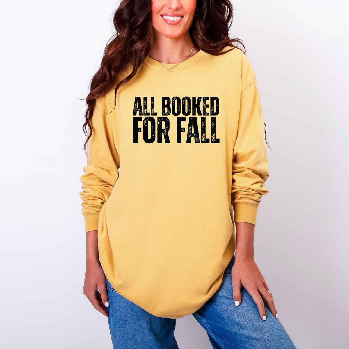 All Booked For Fall Bold Distressed - Women's Garment Dyed Long Sleeve Graphic T-Shirt