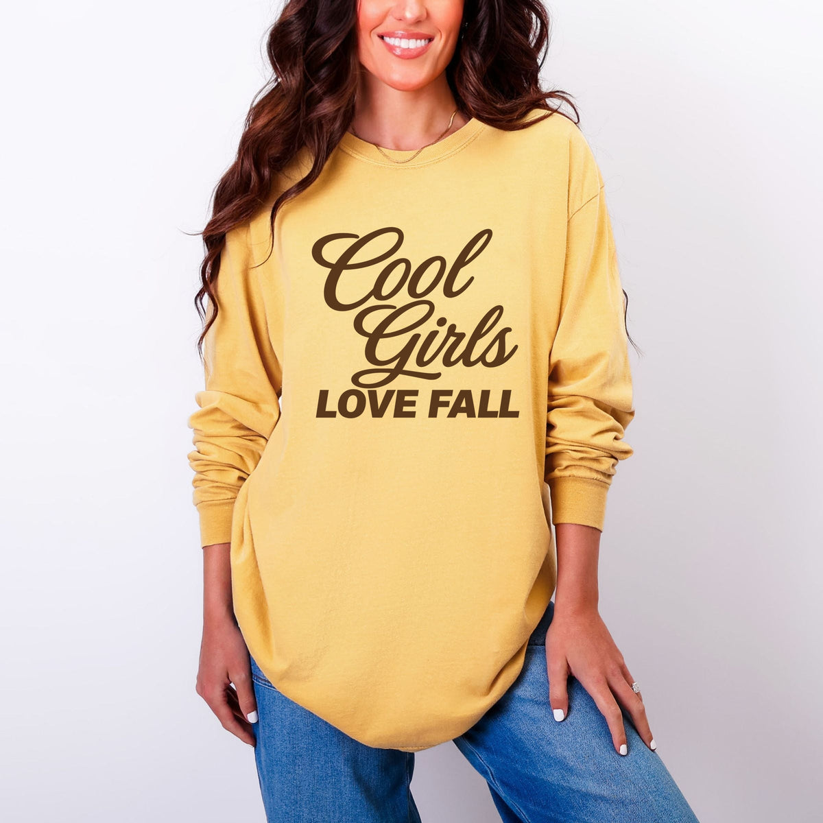 Cool Girls Love Fall Brown - Women's Garment Dyed Long Sleeve Graphic T-Shirt