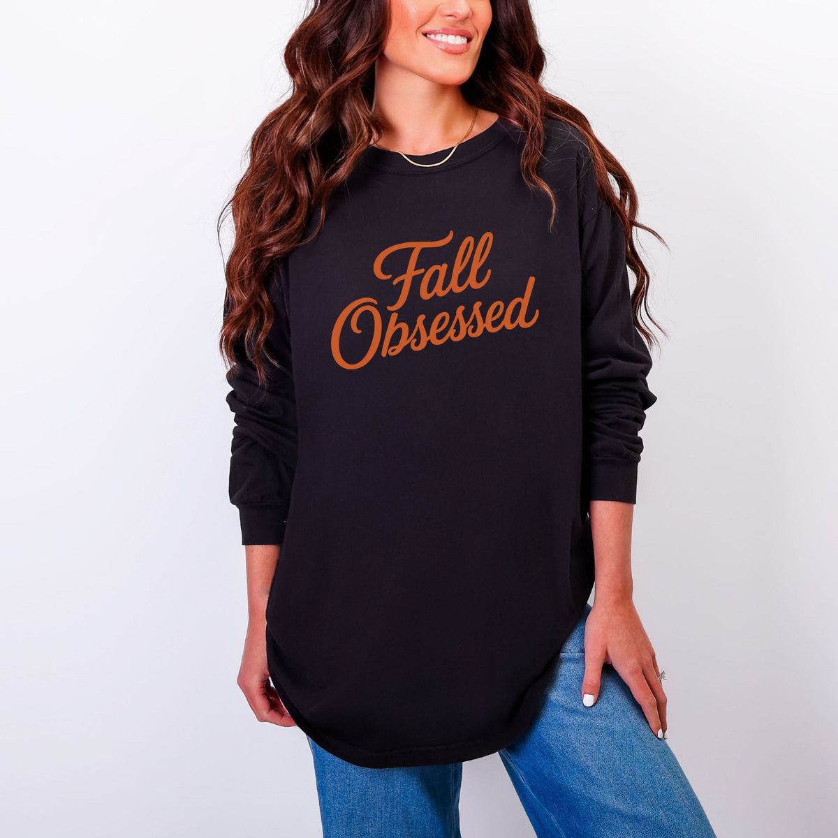 Fall Obsessed Cursive - Women's Garment Dyed Long Sleeve Graphic T-Shirt