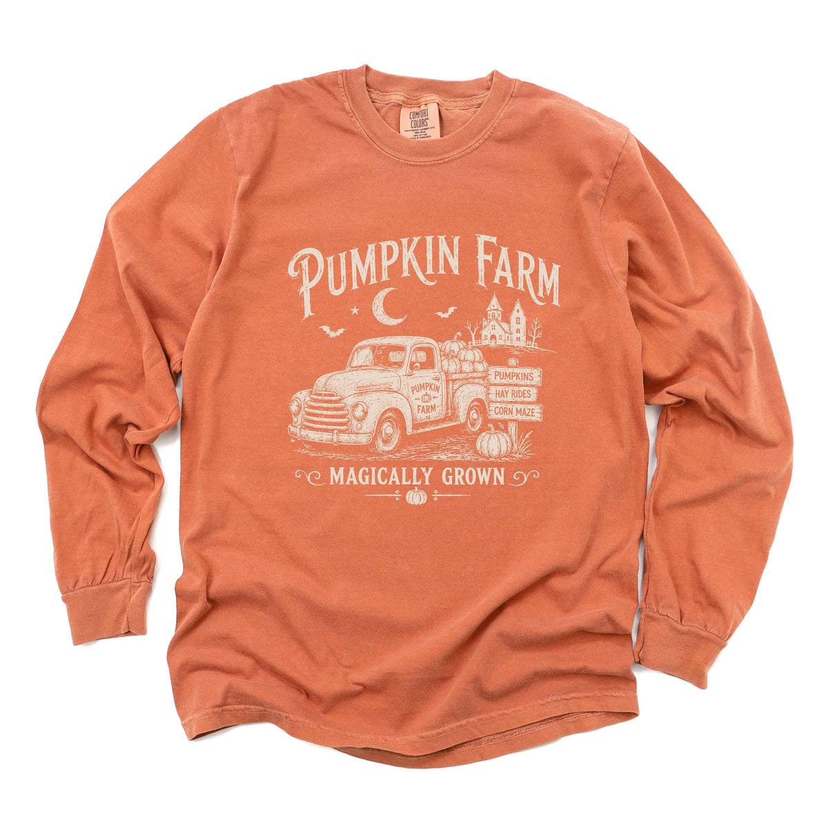 Pumpkin Farm Truck - Women's Garment Dyed Long Sleeve Graphic T-Shirt
