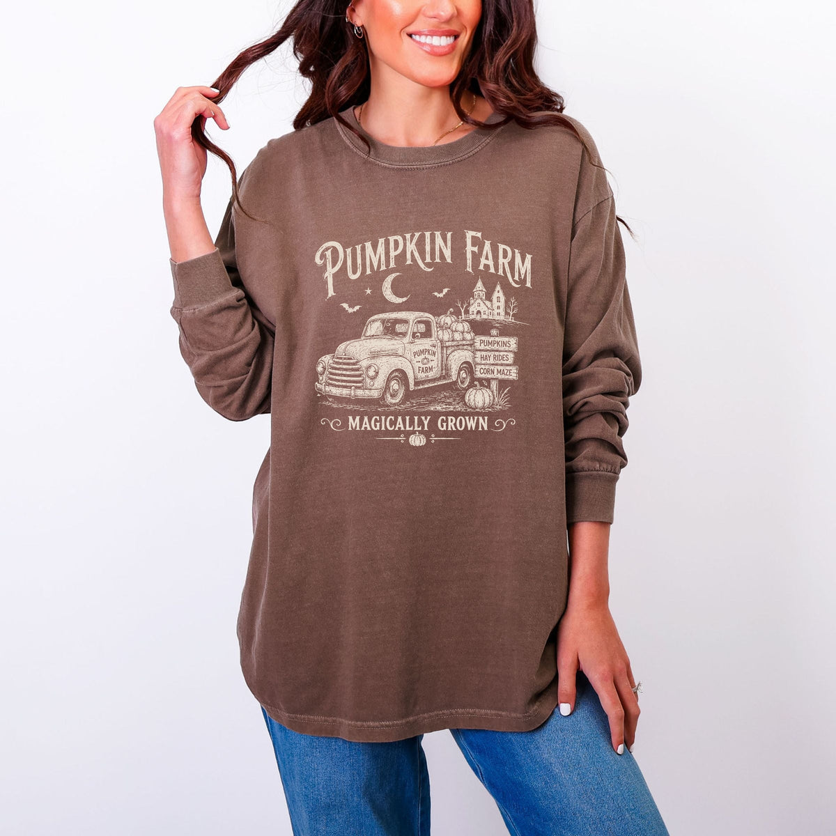 Pumpkin Farm Truck - Women's Garment Dyed Long Sleeve Graphic T-Shirt