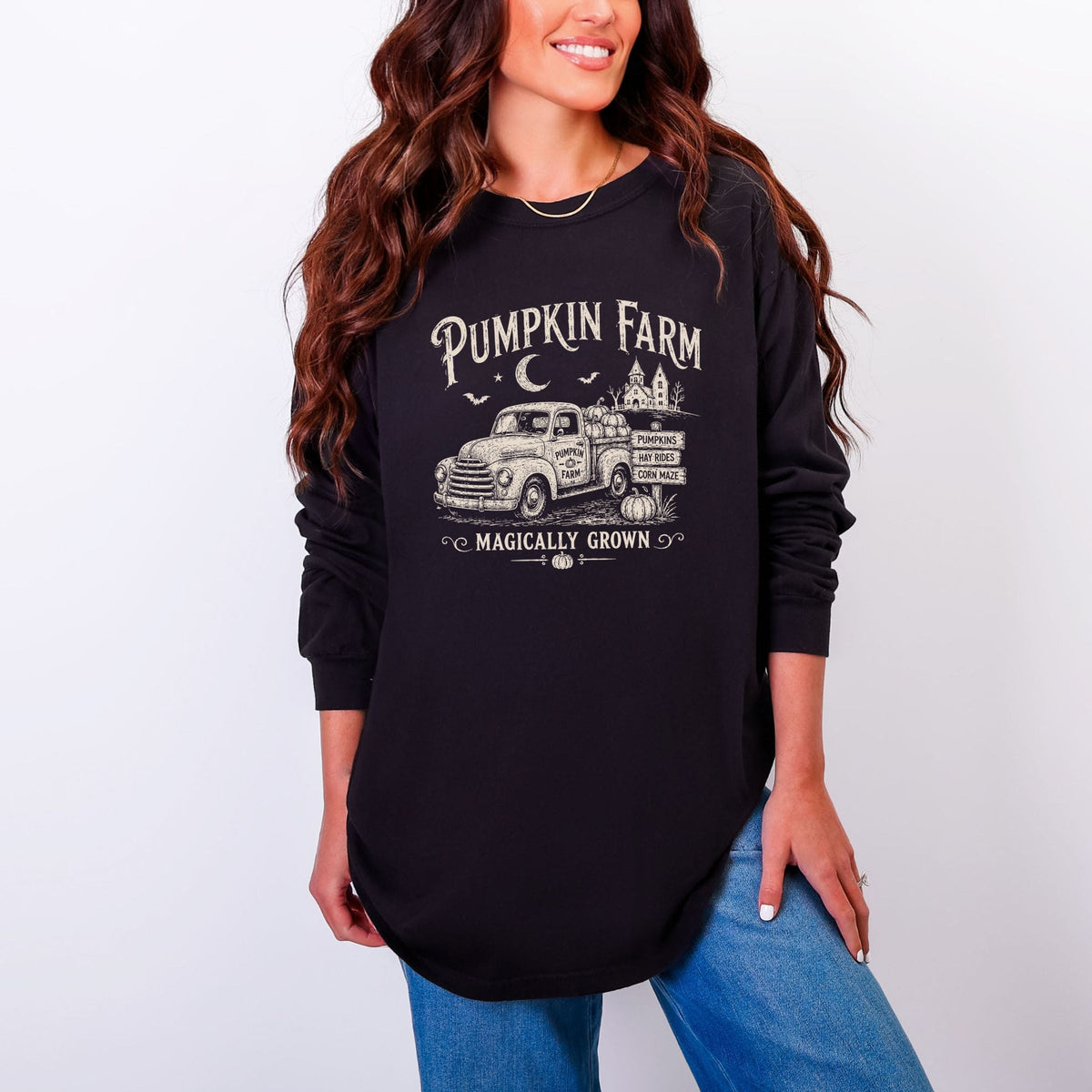 Pumpkin Farm Truck - Women's Garment Dyed Long Sleeve Graphic T-Shirt