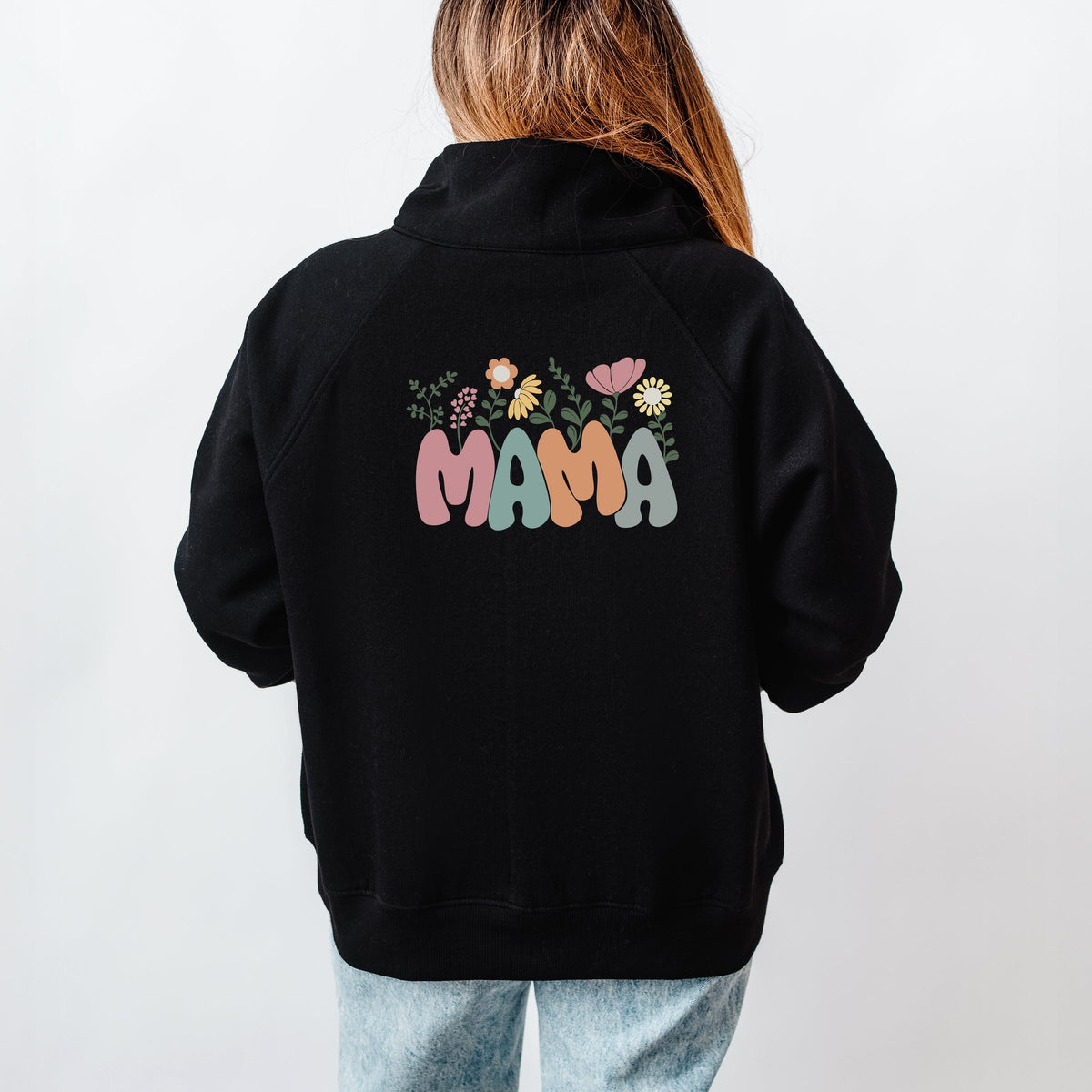 Mama Flowers Colorful Front And Back - Women's Quarter Zip Fleece Graphic Sweatshirt