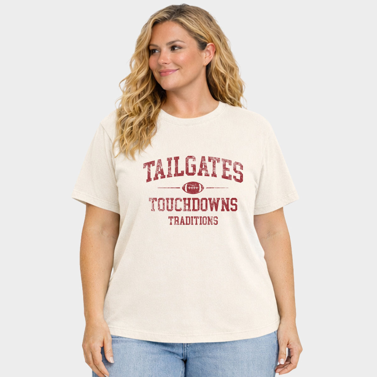 Tailgates Touchdowns Traditions - Women's Plus Sized Garment Dyed Graphic T-Shirt