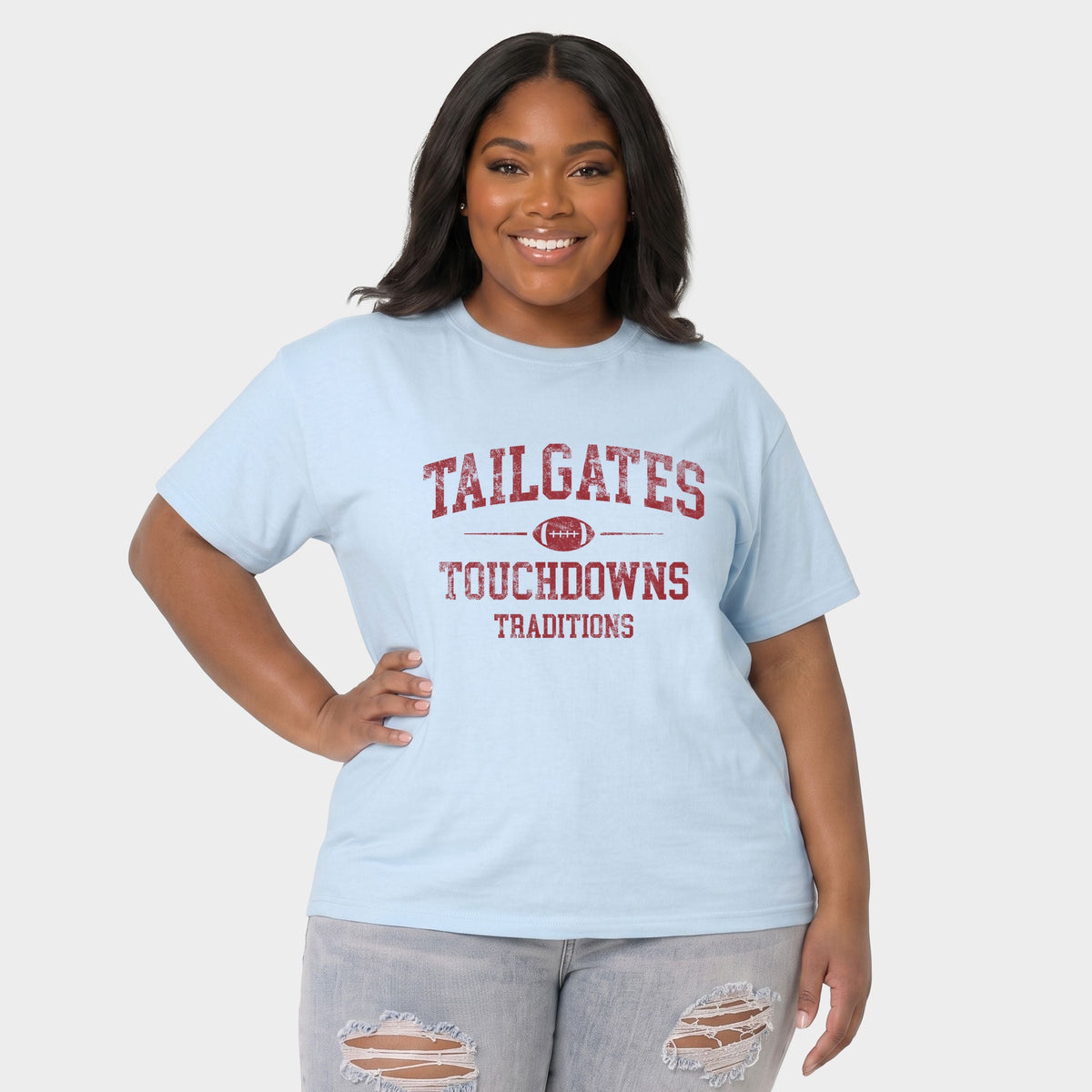 Tailgates Touchdowns Traditions - Women's Plus Sized Garment Dyed Graphic T-Shirt