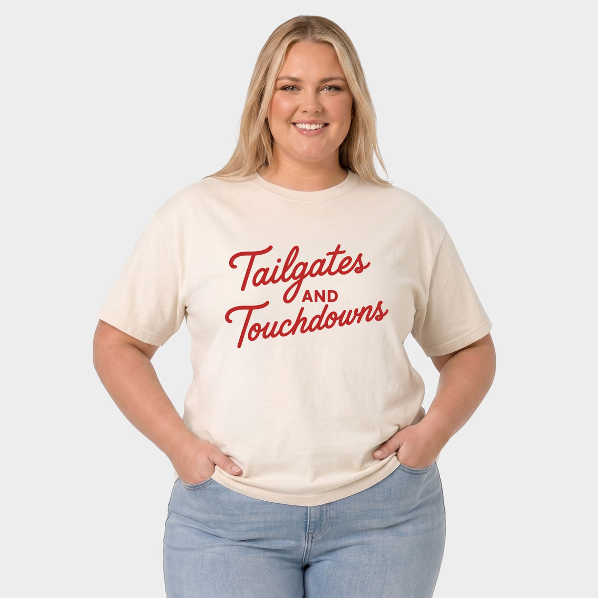 Tailgates and Touchdowns - Women's Plus Sized Garment Dyed Graphic T-Shirt