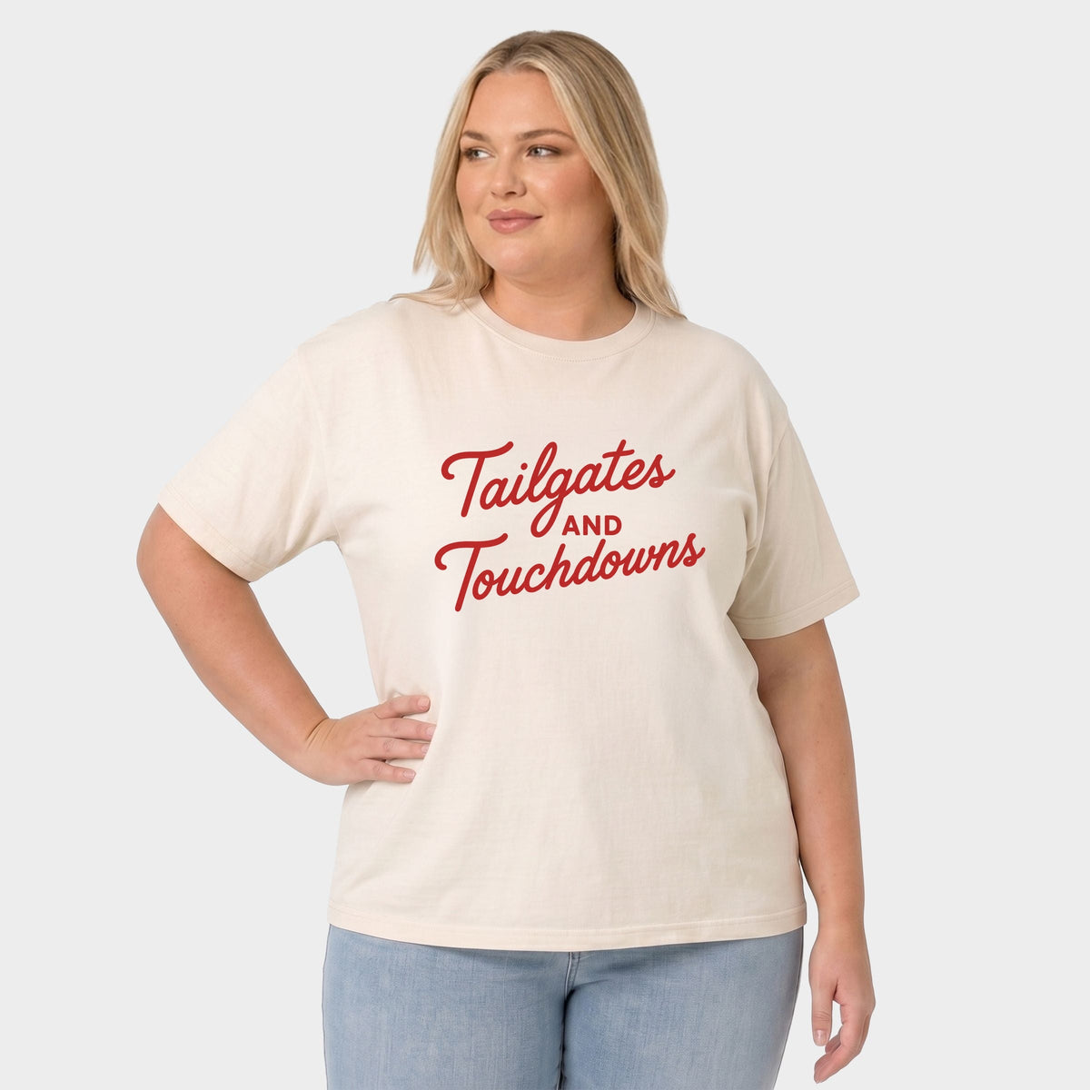 Tailgates and Touchdowns - Women's Plus Sized Garment Dyed Graphic T-Shirt