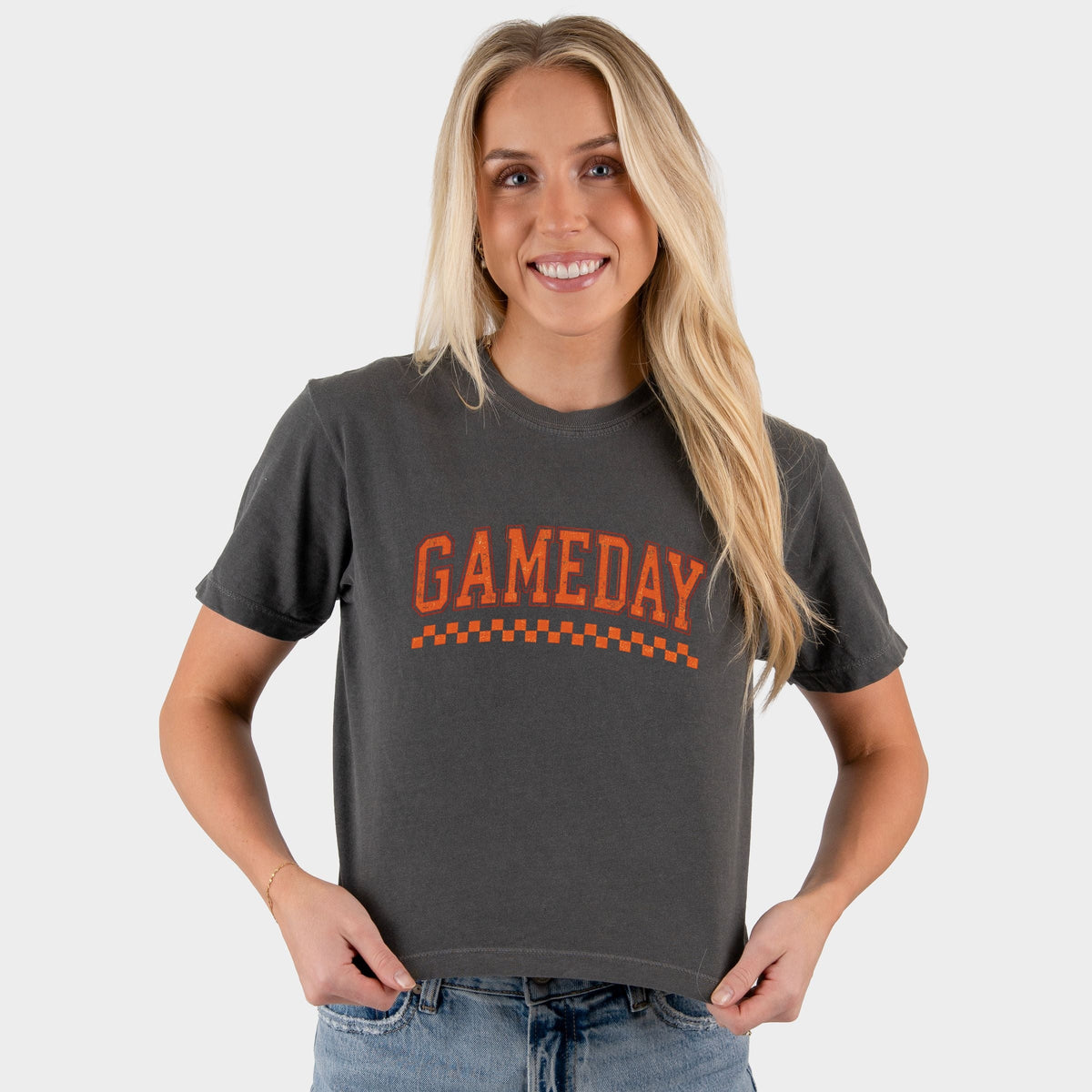 Gameday Varsity Checkers - Women's Boxy Crop Top Graphic T-Shirt